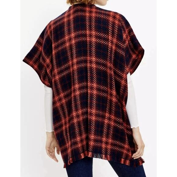 Loft Poncho Wrap Sweater Medium / Large Burgundy Blue Orange Plaid NWOT Bohemian - Picture 4 of 9
